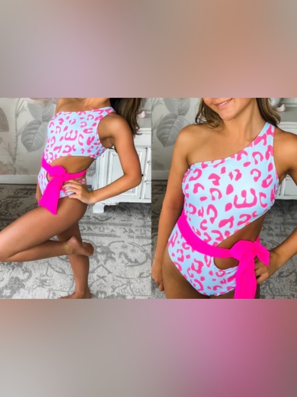 One-Shoulder Pink Leopard Print Girls' One-Piece Swimsuit with Tie